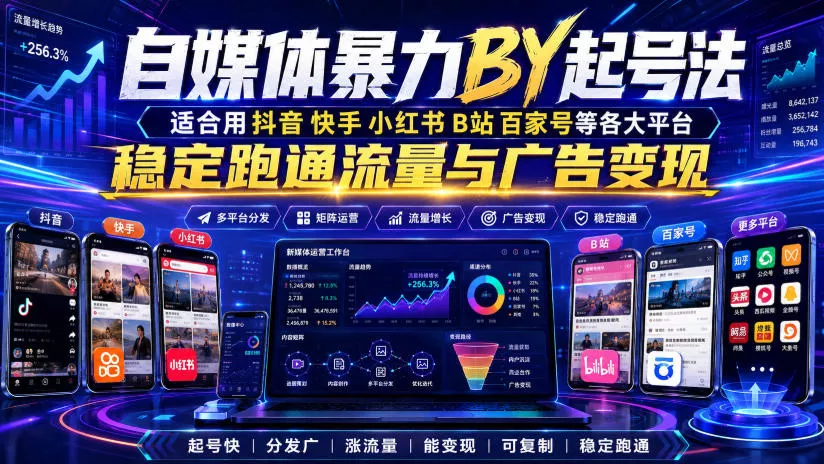 自媒体暴力搬运起号法,适合用抖音快手小红书B站百家号等各大平台,稳定跑通流量与广告变现-卓越网创