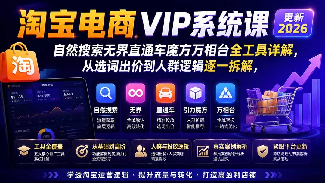 淘宝电商VIP系统课-更新8月;自然搜索无界直通车魔方万相台全工具详解,从选词出价到人群逻辑逐一拆解 淘宝电商VIP系统课-更新8月;自然搜索无界直通车魔方万相台全工具详解,从选词出价到人群逻辑逐一拆解