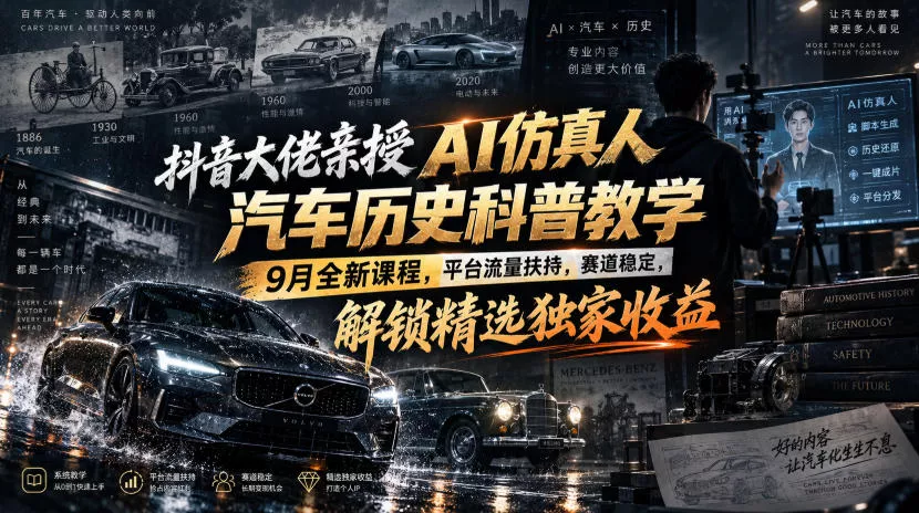 抖音大佬亲授AI仿真人汽车历史科普教学，9月全新课程，平台流量扶持，赛道稳定，解锁精选独家收益-卓越网创