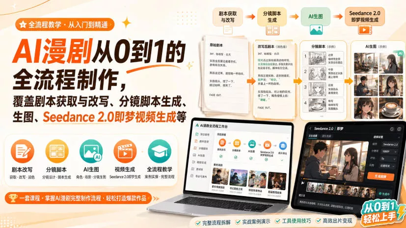 AI漫剧从0到1的全流程制作，覆盖剧本获取与改写、分镜脚本生成、角色场景生图与三视图、Seedance 2.0即梦视频生成(PDF版)-卓越网创