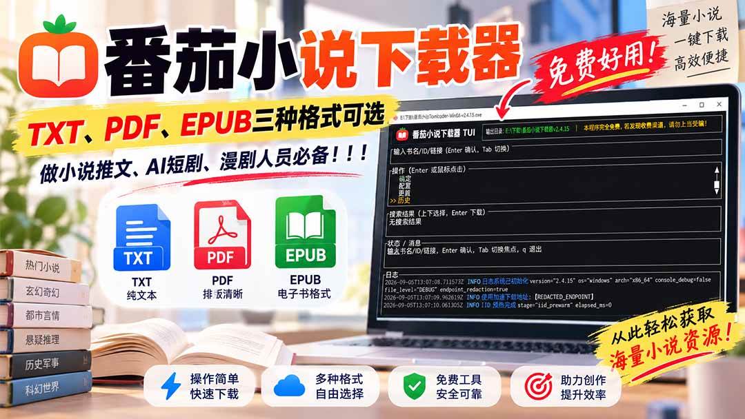 (20529期)番茄小说下载器,TXT、PDF、EPUB三种格式可选,做小说推文、AI短剧、漫剧人员必备!-卓越网创