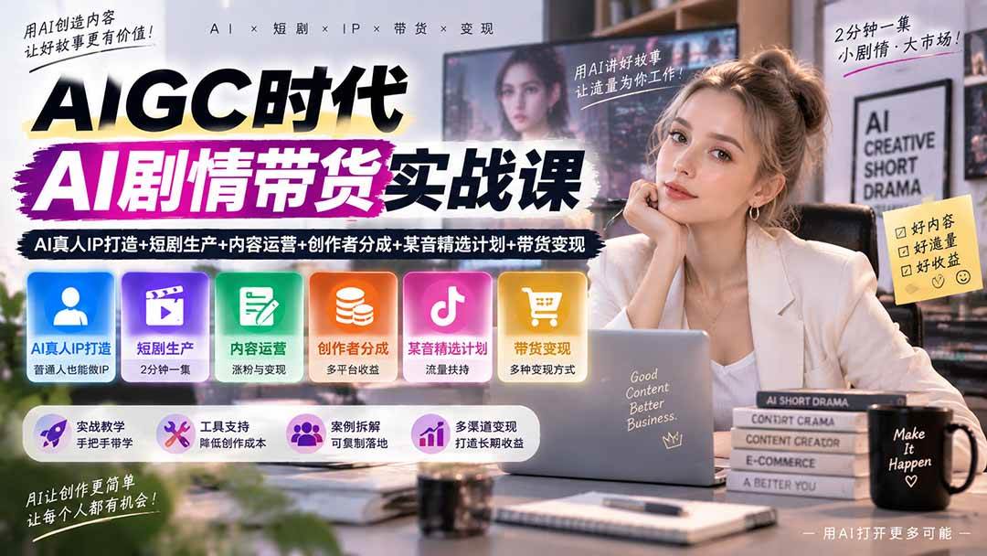 (20567期)AIGC时代AI剧情带货实战课|AI真人IP打造+短剧生产+内容运营+创作者分成、某音精选计划+带货变现-卓越网创