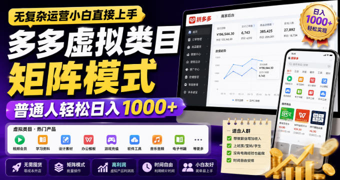 无复杂运营小白直接上手,多多虚拟类目矩阵模式,普通人轻松日入1000+【揭秘】 无复杂运营小白直接上手,多多虚拟类目矩阵模式,普通人轻松日入1000+【揭秘】
