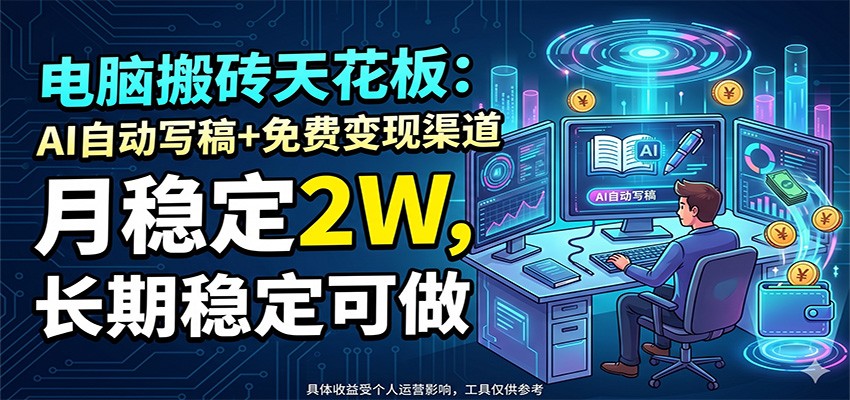电脑搬砖天花板：AI自动写稿+免费变现渠道，月稳定2W，长期稳定可做-卓越网创