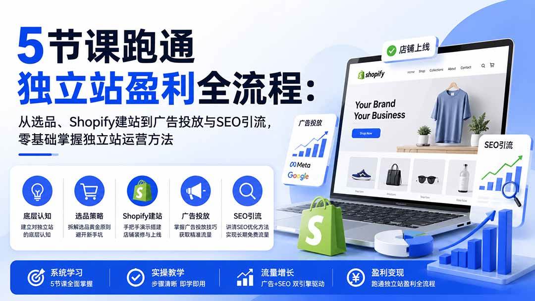 (20316期)5节课跑通独立站盈利全流程:从选品、Shopify建站到广告投放与SEO引流,零基础掌握独立站运营方法-卓越网创