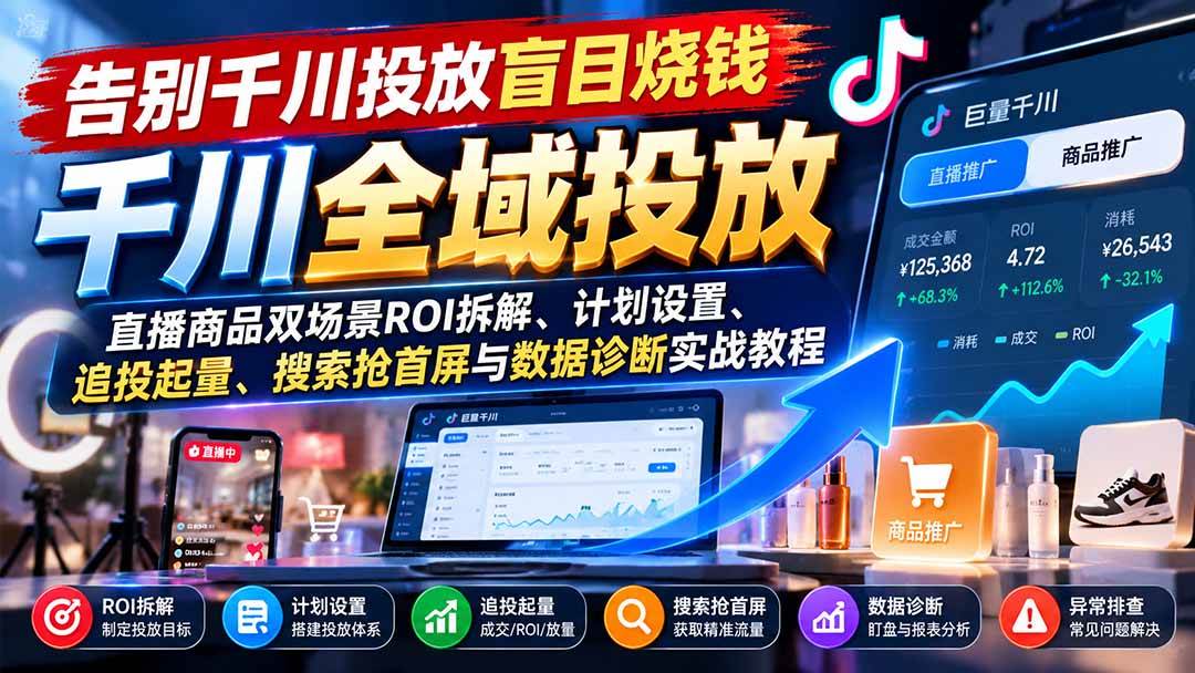 （21079期）告别千川投放盲目烧钱：直播商品双场景ROI拆解、计划设置、追投起量、搜索抢首屏与数据诊断实战教程-卓越网创