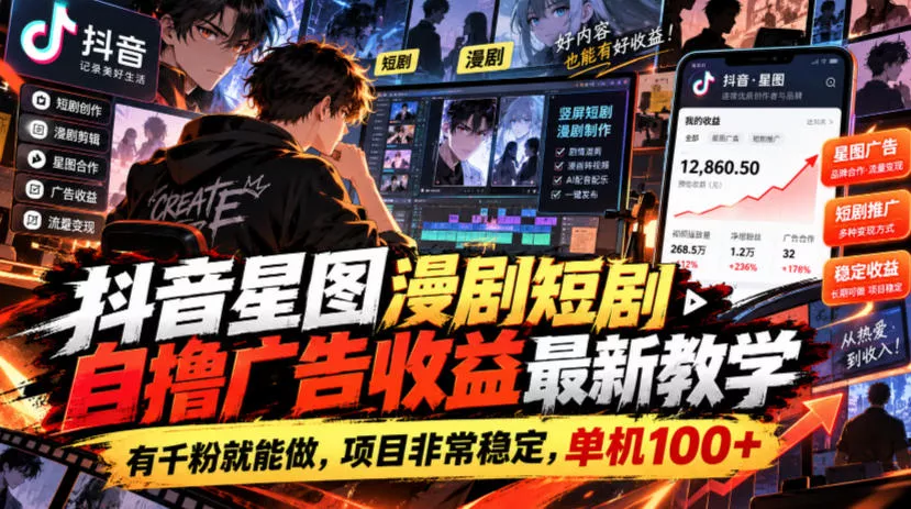 抖音星图漫剧短剧自撸广告收益最新教学，有千粉就能做，项目非常稳定，单机100+-卓越网创