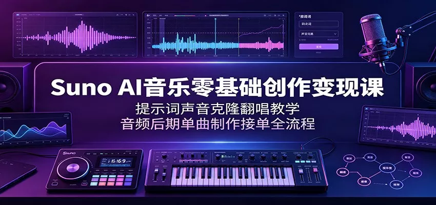 Suno AI音乐零基础创作变现课：提示词声音克隆翻唱教学，音频后期单曲制作接单全流程-卓越网创
