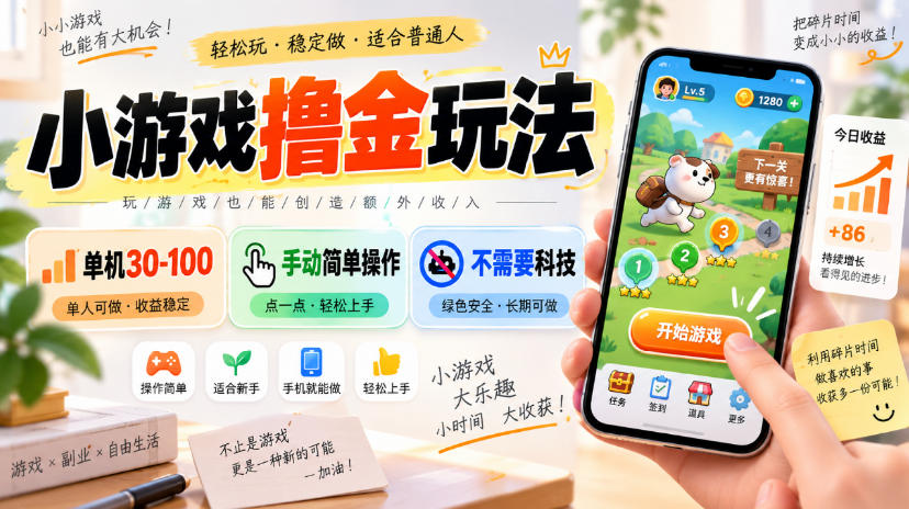 小游戏撸金玩法,单机30-100,手动简单操作,不需要科技-卓越网创