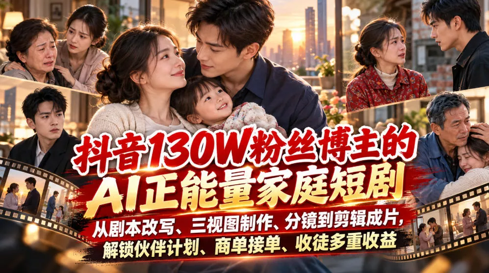 抖音130W粉丝博主的AI正能量家庭短剧，从剧本改写、三视图制作、分镜到剪辑成片，解锁伙伴计划、商单接单、收徒多重收益(更新1007)-卓越网创