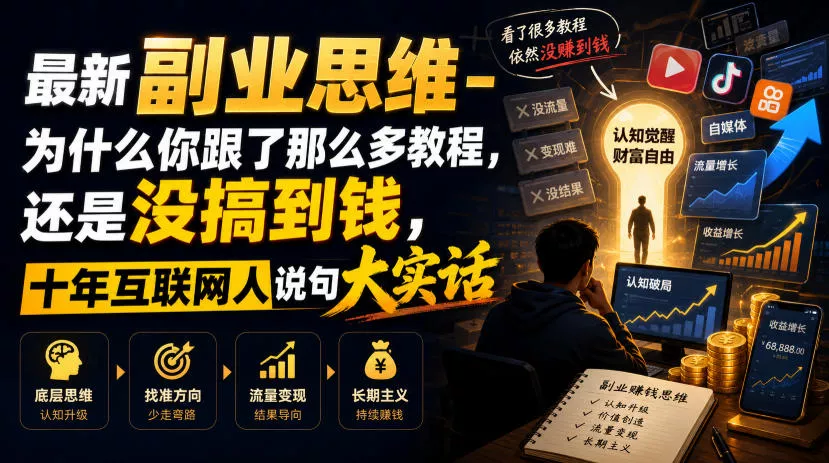 最新副业思维-为什么你跟了那么多教程,还是没搞到钱,十年互联网人说句大实话【揭秘】-卓越网创