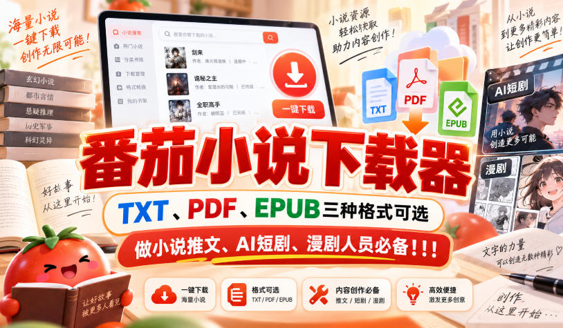 番茄小说下载器,TXT、PDF、EPUB三种格式可选,做小说推文、AI短剧、漫剧人员必备!!!-卓越网创