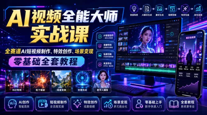 AI视频全能大师实战课|全赛道AI短视频制作、特效创作、场景变现零基础全套教程-卓越网创
