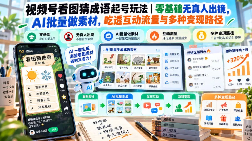 视频号看图猜成语起号玩法｜零基础无真人出镜，AI批量做素材，吃透互动流量与多种变现路径-卓越网创