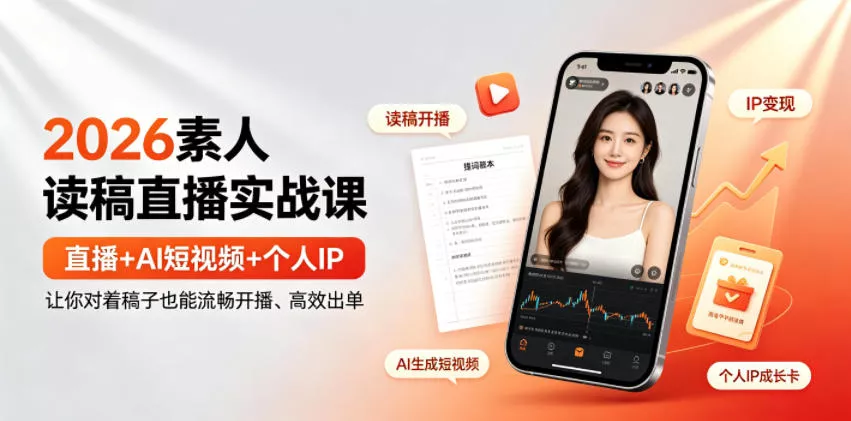2026素人读稿直播实战课｜直播+AI短视频+个人IP，让你对着稿子也能流畅开播、高效出单-卓越网创