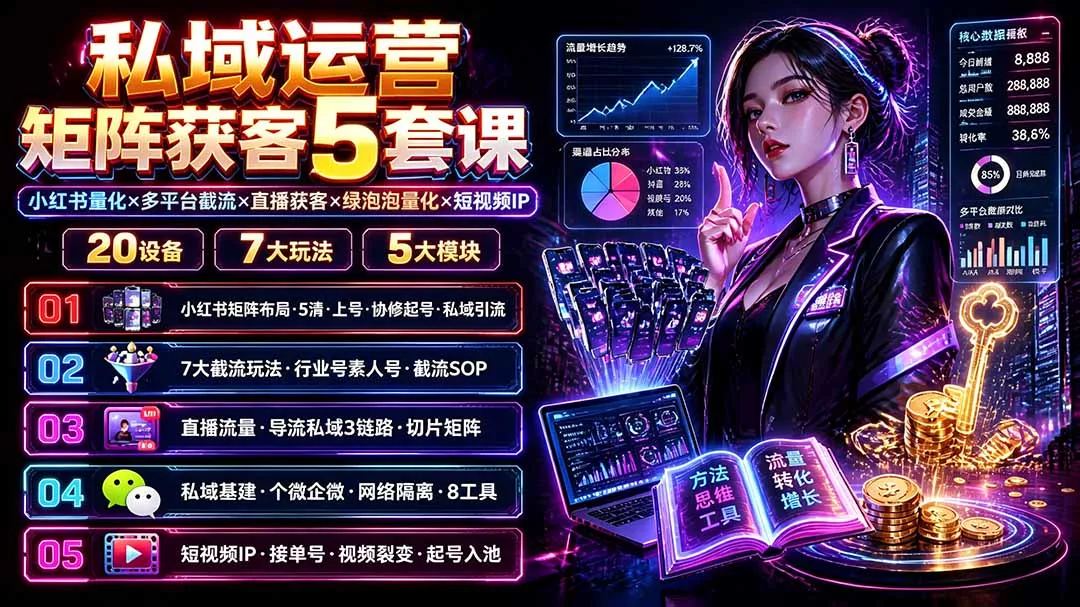 私域运营矩阵获客5套课:小红书量化×多平台截流×直播获客×绿泡泡量化×短视频IP×20设备×7大玩法 私域运营矩阵获客5套课:小红书量化×多平台截流×直播获客×绿泡泡量化×短视频IP×20设备×7大玩法