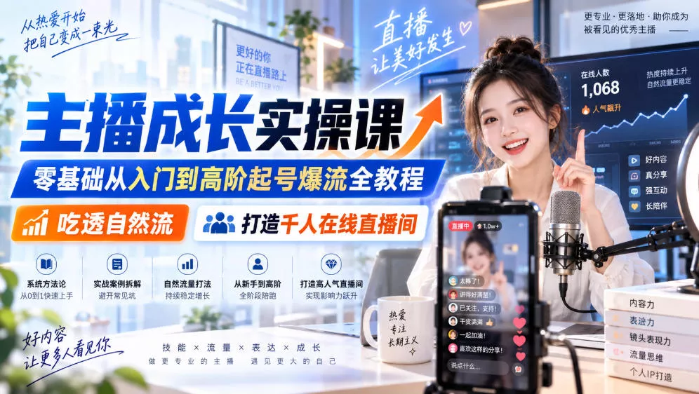 主播成长实操课｜零基础从入门到高阶起号爆流全教程，吃透自然流，打造千人在线直播间-卓越网创