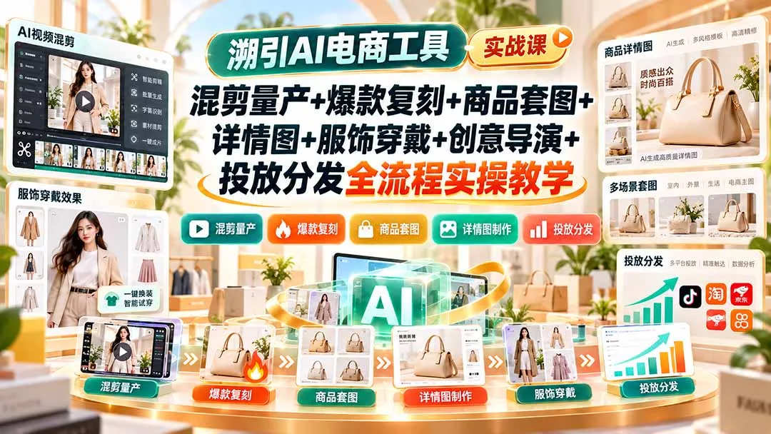 溯引AI电商工具实战课：混剪量产+爆款复刻+商品套图+详情图+服饰穿戴+创意导演+投放分发全流程实操教学