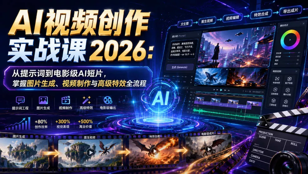 AI视频创作实战课2026:从提示词到电影级AI短片,掌握图片生成、视频制作与高级特效全流程 AI视频创作实战课2026:从提示词到电影级AI短片,掌握图片生成、视频制作与高级特效全流程
