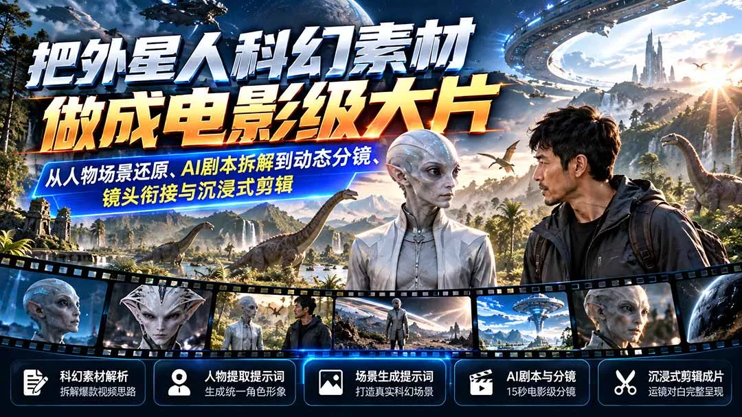 把外星人科幻素材做成电影级大片：从人物场景还原、AI剧本拆解到动态分镜、镜头衔接与沉浸式剪辑-卓越网创