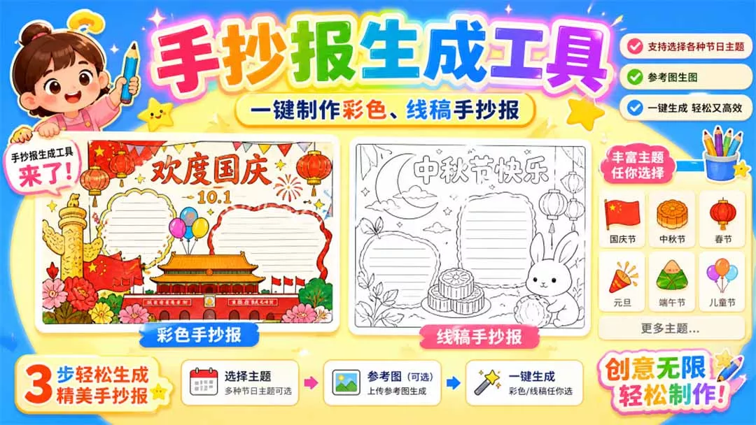 手抄报批量生成工具来了,完全免费,告别豆包生图,这个高清无水印-卓越网创