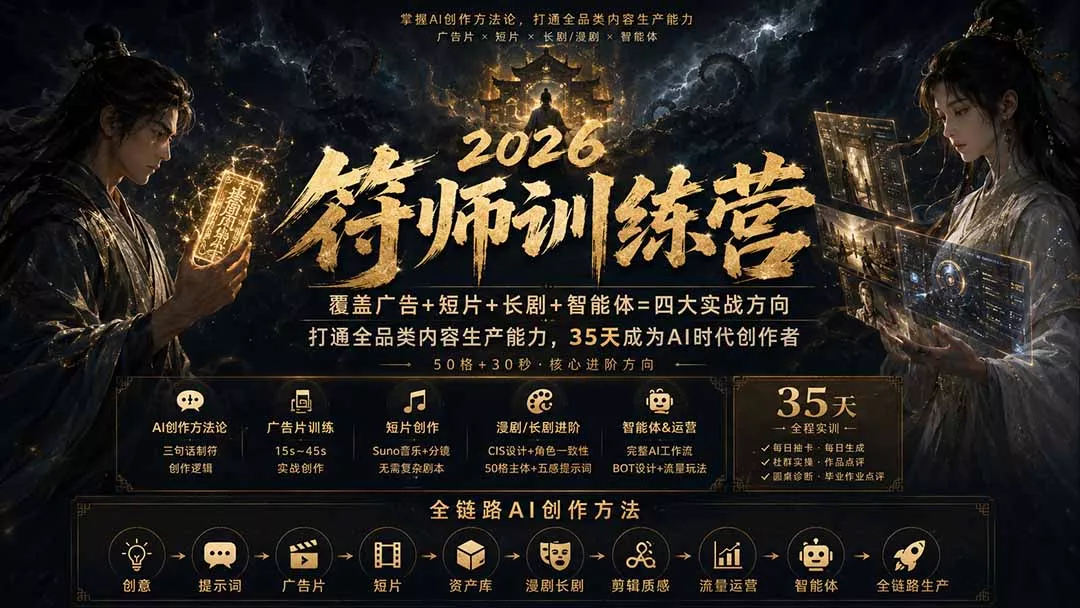 符师训练营-35天成为AI时代创作者，广告+短片+漫剧+智能体四大实战方向，掌握从创意到上线的完整工作流-卓越网创