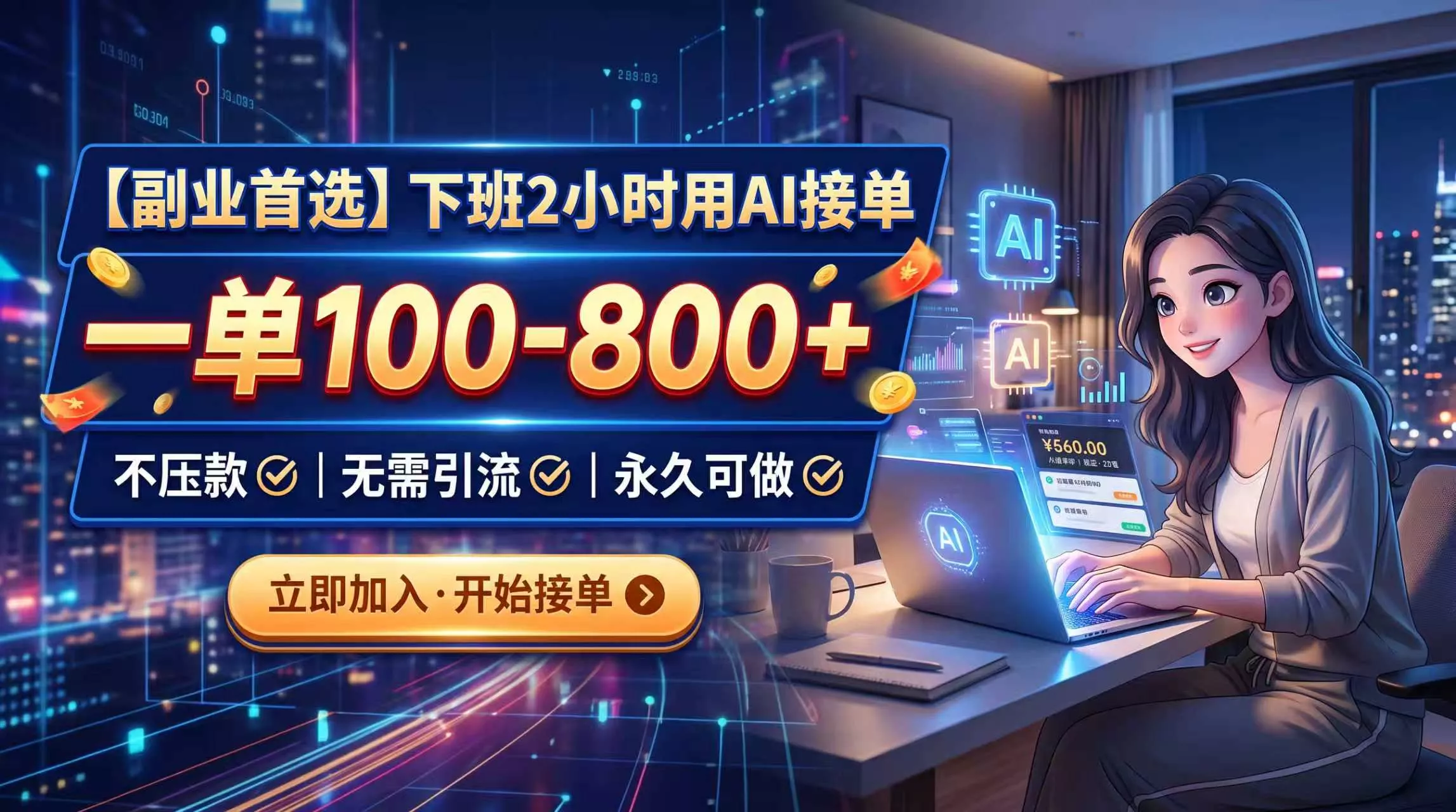 下班2小时用AI接单,一单100-800+,不压款,无需引流,永久可做-卓越网创