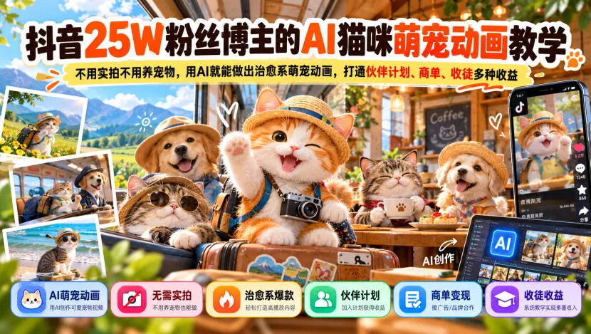 抖音25W粉丝博主的AI猫咪萌宠动画教学，不用实拍不用养宠物，用AI就能做出治愈系萌宠动画，打通伙伴计划、商单、收徒多种收益-卓越网创