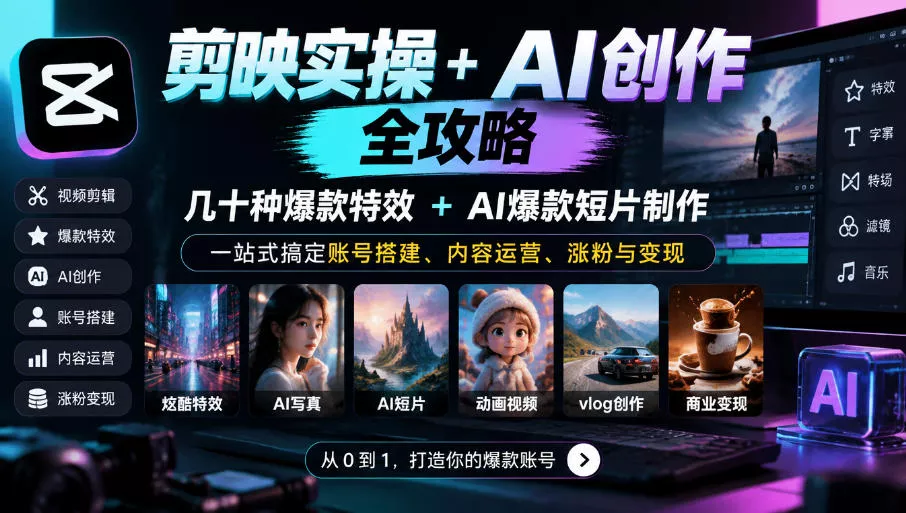 剪映实操+AI创作全攻略|几十种爆款特效+AI爆款短片制作,一站式搞定账号搭建、内容运营、涨粉与变现 剪映实操+AI创作全攻略|几十种爆款特效+AI爆款短片制作,一站式搞定账号搭建、内容运营、涨粉与变现