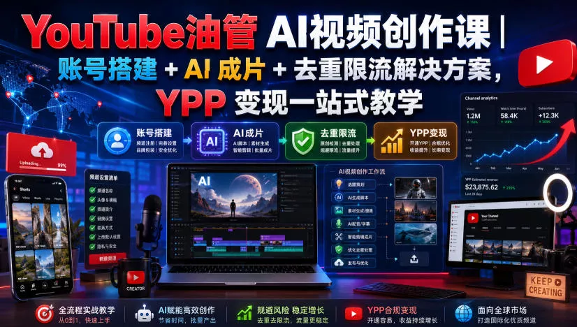 YouTube油管AI视频创作课|账号搭建+AI成片+去重限流解决方案,YPP变现一站式教学-卓越网创