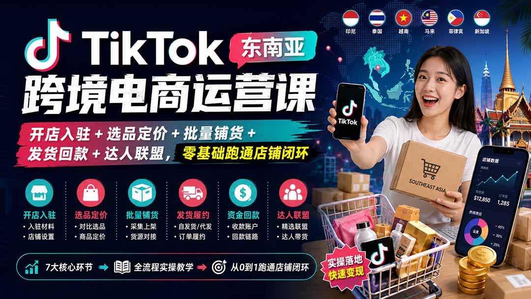 TikTok东南亚跨境电商运营课:开店入驻+选品定价+批量铺货+发货回款+达人联盟,零基础跑通店铺闭环 TikTok东南亚跨境电商运营课:开店入驻+选品定价+批量铺货+发货回款+达人联盟,零基础跑通店铺闭环