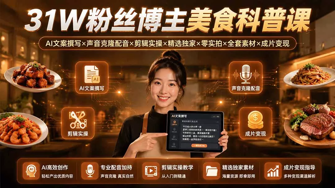 31W粉丝博主美食科普课:AI文案撰写×声音克隆配音×剪辑实操×精选独家×零实拍×全套素材×成片变现 31W粉丝博主美食科普课:AI文案撰写×声音克隆配音×剪辑实操×精选独家×零实拍×全套素材×成片变现
