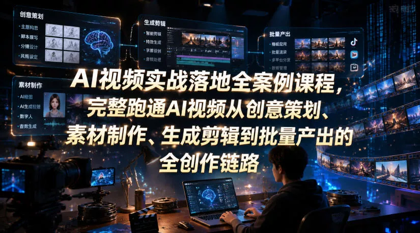 AI视频实战落地全案例课程,完整跑通AI视频从创意策划、素材制作、生成剪辑到批量产出的全创作链路 AI视频实战落地全案例课程,完整跑通AI视频从创意策划、素材制作、生成剪辑到批量产出的全创作链路
