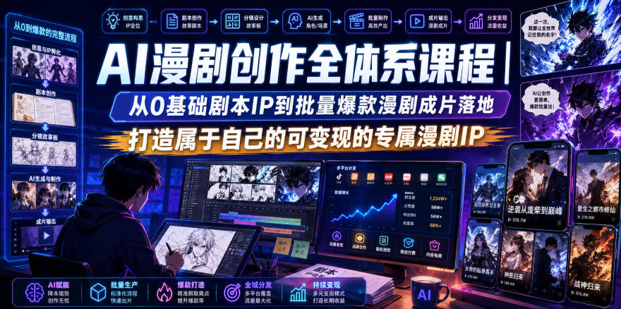 AI漫剧创作全体系课程｜从0基础剧本IP到批量爆款漫剧成片落地，打造属于自己的可变现的专属漫剧IP-卓越网创