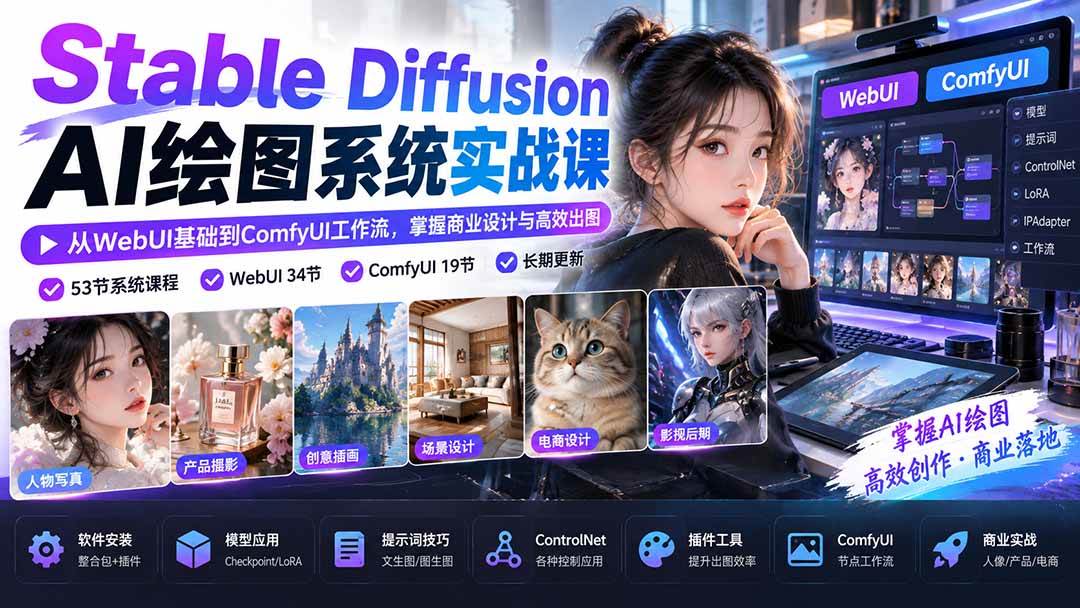 （20678期）Stable Diffusion AI绘图系统实战课：从WebUI基础到ComfyUI工作流，掌握商业设计与高效出图-卓越网创