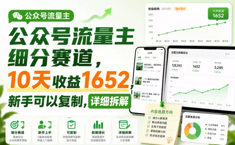 公众号流量主细分赛道,10天收益1652,新手可以复制,详细拆解-卓越网创