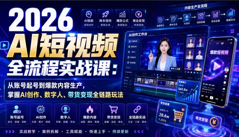 2026 AI短视频全流程实战课：从账号起号到爆款内容生产，掌握AI创作、数字人、带货变现全链路玩法-卓越网创
