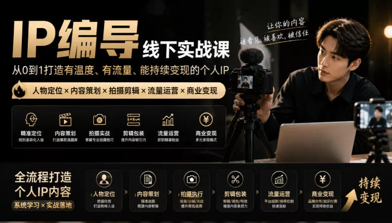 【无水印】IP编导线下实战课，从人物定位到短视频拍摄剪辑，全流程打造有温度、有流量、能持续变现的个人IP内容-卓越网创