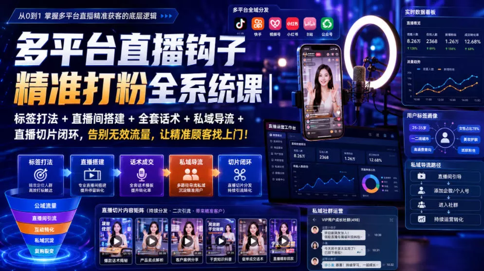 多平台直播钩子精准打粉全系统课|标签打法+直播间搭建+全套话术+私域导流+直播切片闭环,告别无效流量,让精准顾客找上门! 多平台直播钩子精准打粉全系统课|标签打法+直播间搭建+全套话术+私域导流+直播切片闭环,告别无效流量,让精准顾客找上门!