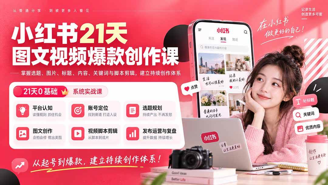 （20341期）小红书21天图文视频爆款创作课：掌握选题、图片、标题、内容、关键词与脚本剪辑，建立持续创作体系-卓越网创