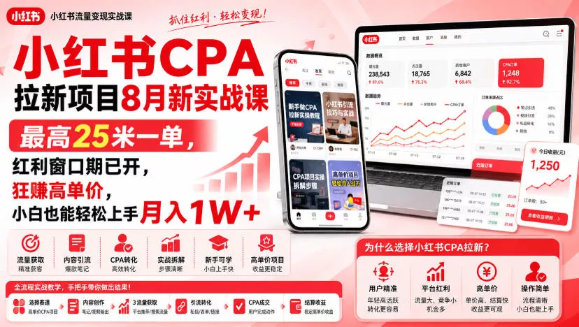 小红书CPA拉新项目8月新实战课,最高25米一单,红利窗口期已开,狂賺高单价,小白也能轻松上手月入1W+(更新0915)-卓越网创