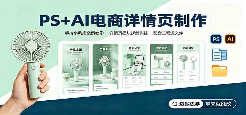 PS+AI电商详情页制作:手持小风扇案例教学,配套工程源文件-卓越网创