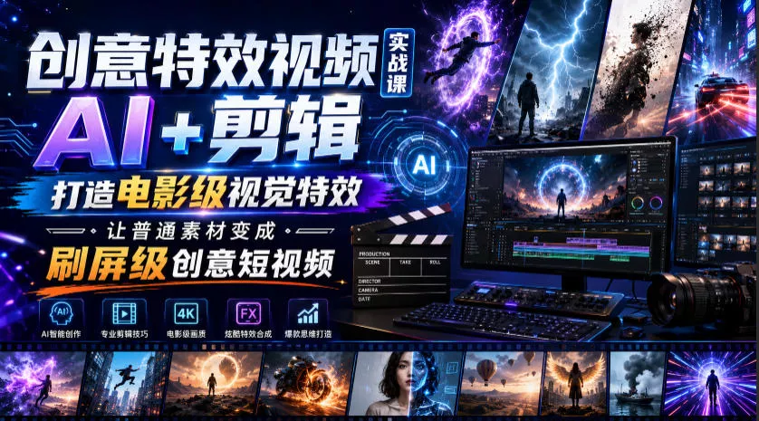 创意特效视频实战课,AI+剪辑打造电影级视觉特效,让普通素材变成刷屏级创意短视频 创意特效视频实战课,AI+剪辑打造电影级视觉特效,让普通素材变成刷屏级创意短视频