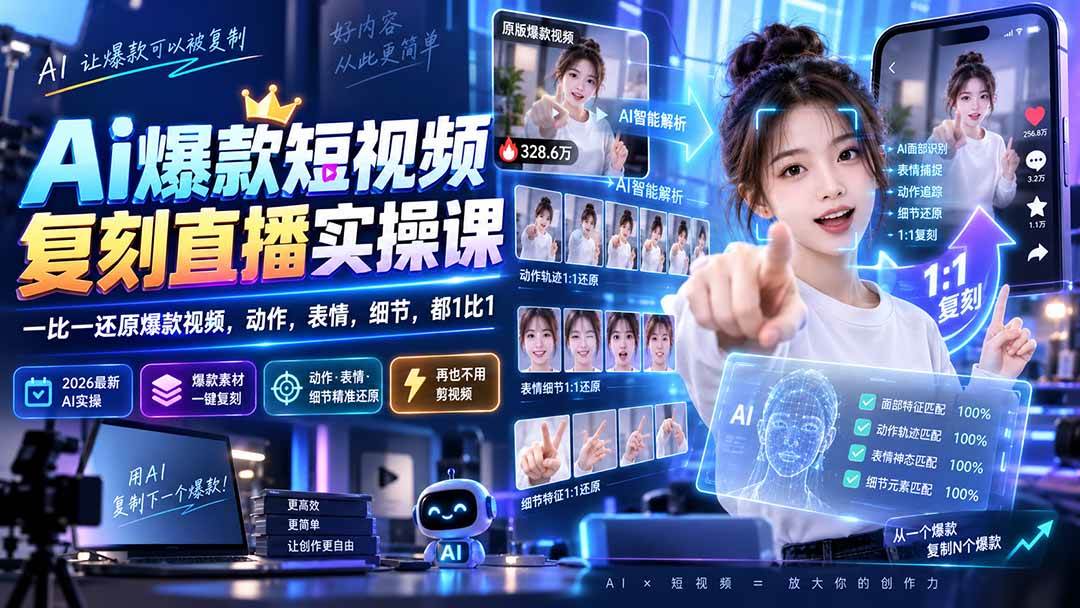 （20304期）最新Ai爆款短视频复刻直播实操课，一比一还原爆款视频，动作，表情，细节，都1比1-卓越网创