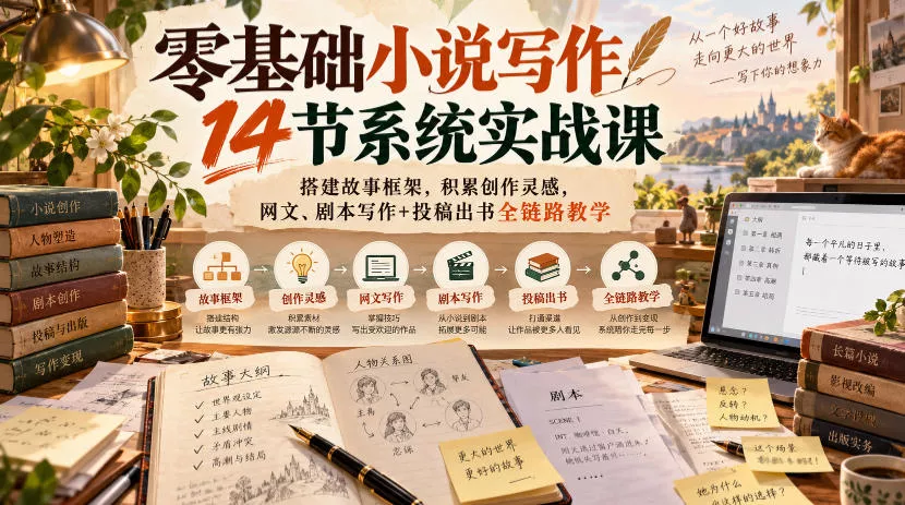 零基础小说写作14节系统实战课，搭建故事框架，积累创作灵感，网文、剧本写作+投稿出书全链路教学-卓越网创