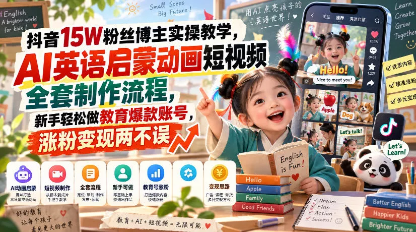 抖音15W粉丝博主实操教学，AI英语启蒙动画短视频全套制作流程，新手轻松做教育爆款账号，涨粉变现两不误-卓越网创