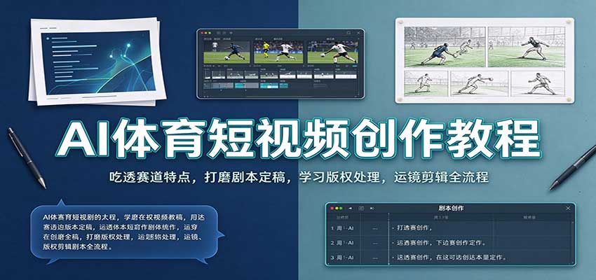 AI体育短视频创作教程：吃透赛道特点，打磨剧本定稿，学习版权处理，运镜剪辑全流程-卓越网创