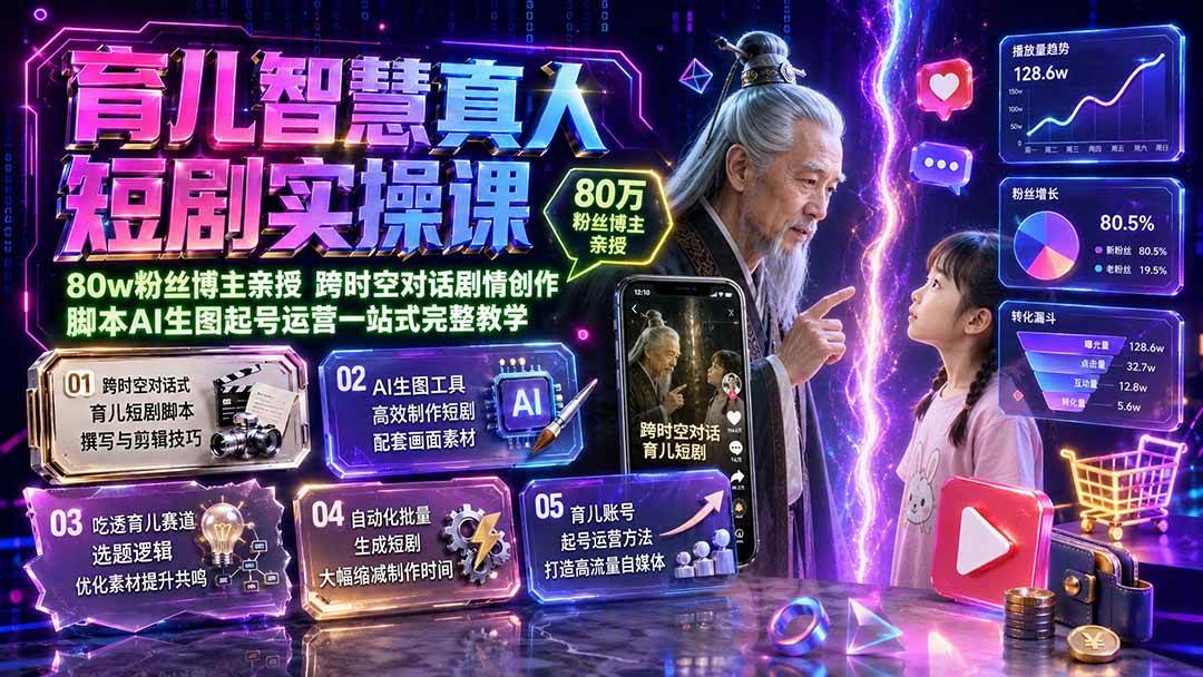 （19663期）育儿智慧真人短剧实操课｜80w粉丝博主亲授，跨时空对话剧情创作，脚本AI生图起号运营一站式完整教学-卓越网创