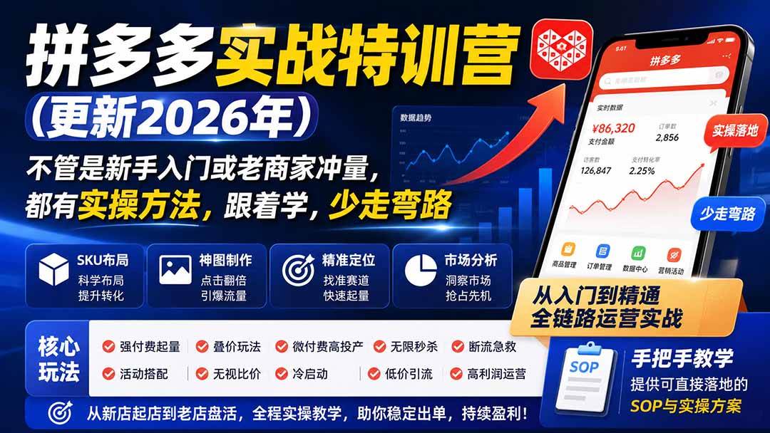(19744期)拼多多实战特训营(更新2026年):不管是新手入门或老商家冲量,都有实操方法,跟着学,少走弯路 (19744期)拼多多实战特训营(更新2026年):不管是新手入门或老商家冲量,都有实操方法,跟着学,少走弯路