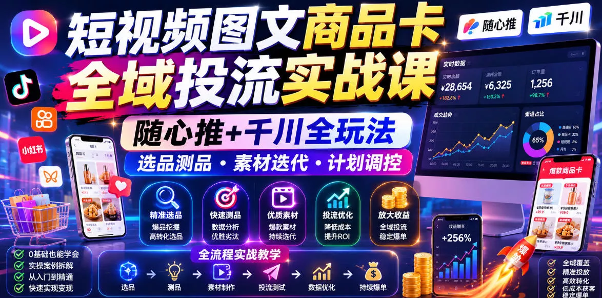 短视频图文商品卡全域投流实战课，随心推+千川全玩法，选品测品・素材迭代・计划调控，提升ROI爆单增收教程-卓越网创